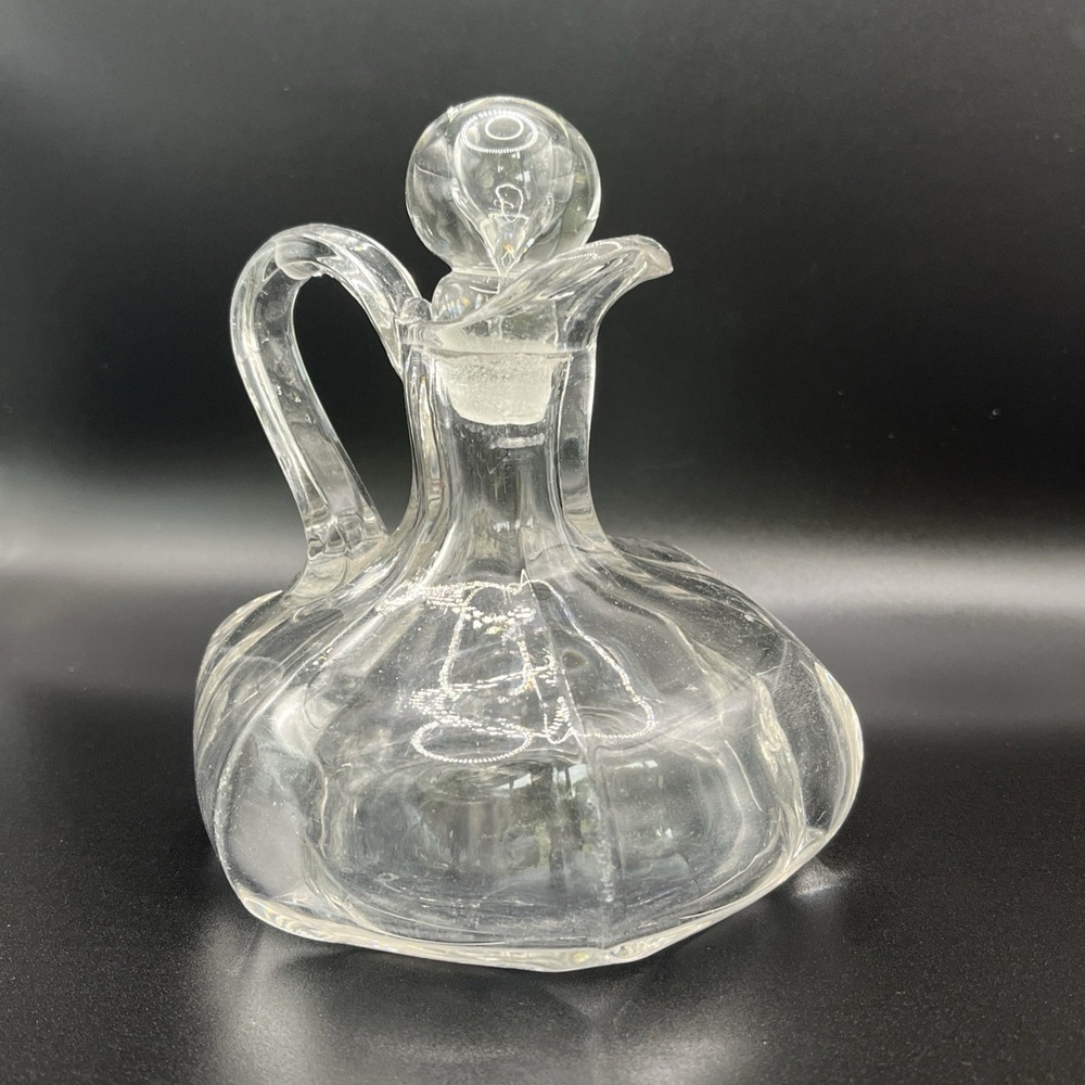 Handblown Clear Glass Cruet w/ Stopper w/ Bubble‎ Inside 5" x 4.5" Vintage